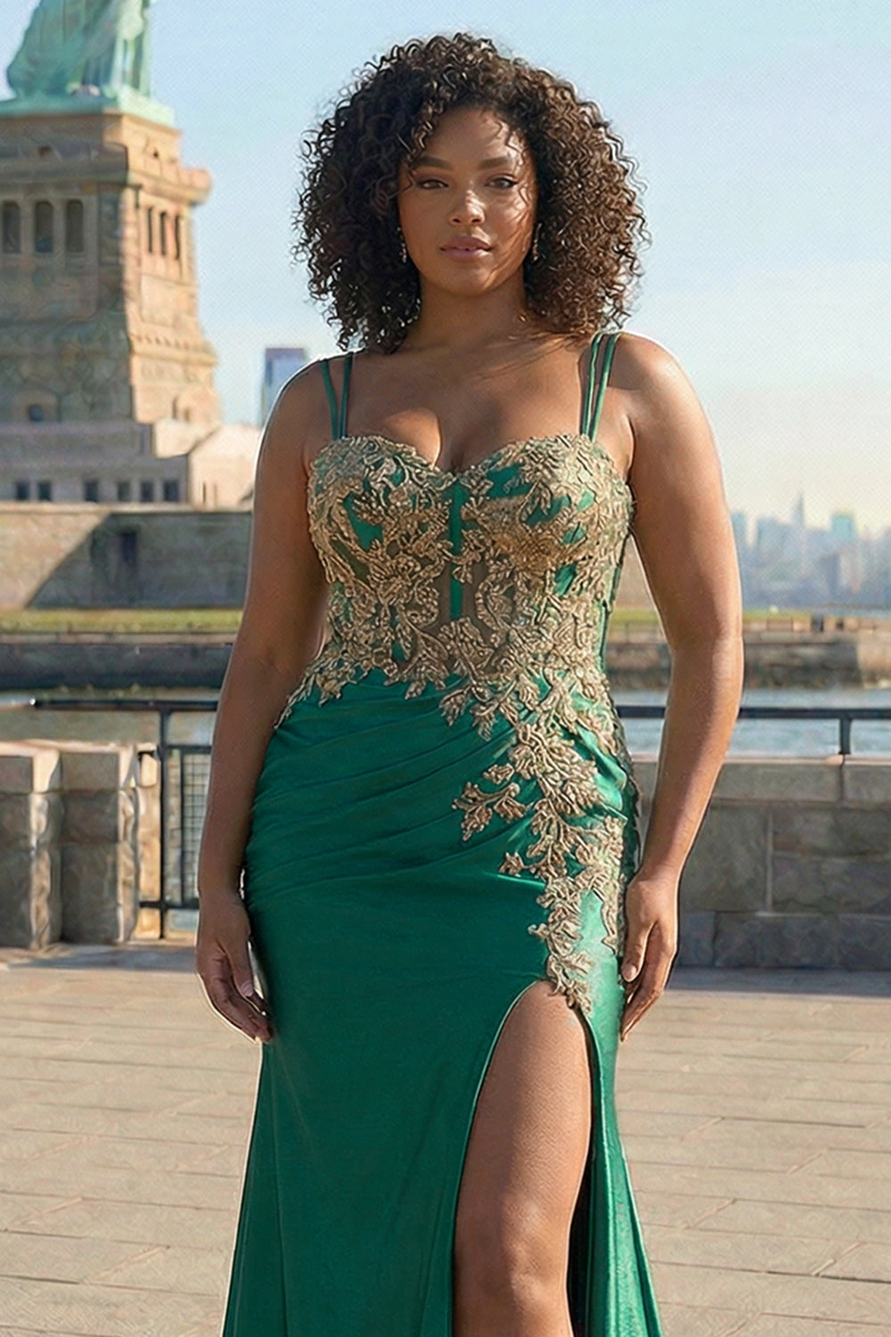 Sparkly Beaded Dark Green Plus Size Appliqued Floral Satin Long Corset Prom Dress with Slit