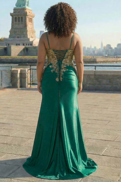 Sparkly Beaded Dark Green Plus Size Appliqued Floral Satin Long Corset Prom Dress with Slit