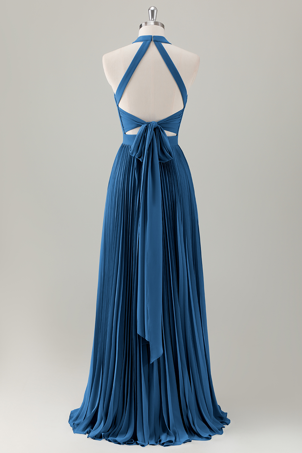 Grey Blue A-Line Halter Long Bridesmaid Dress with Slit