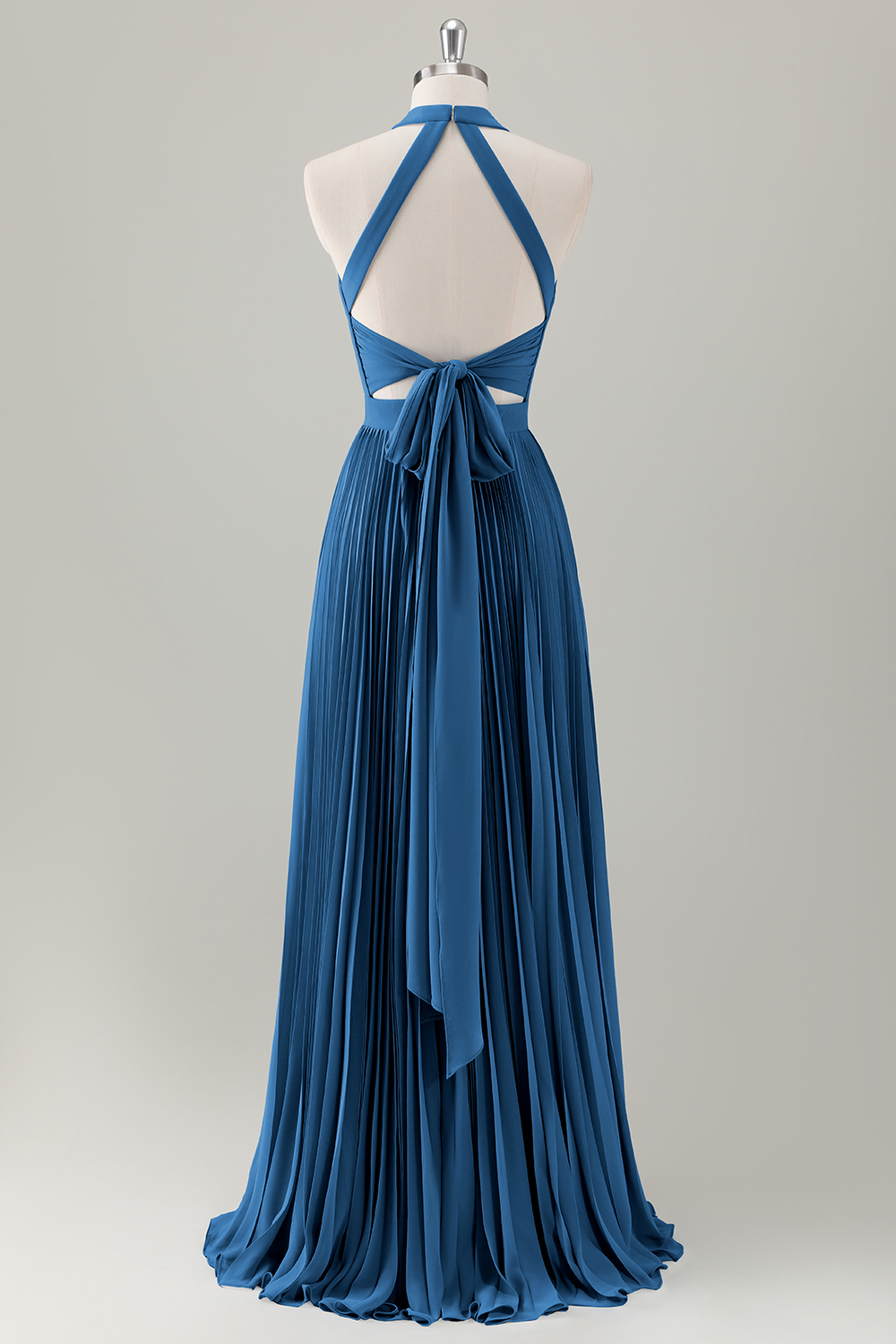 Grey Blue A-Line Halter Long Bridesmaid Dress with Slit