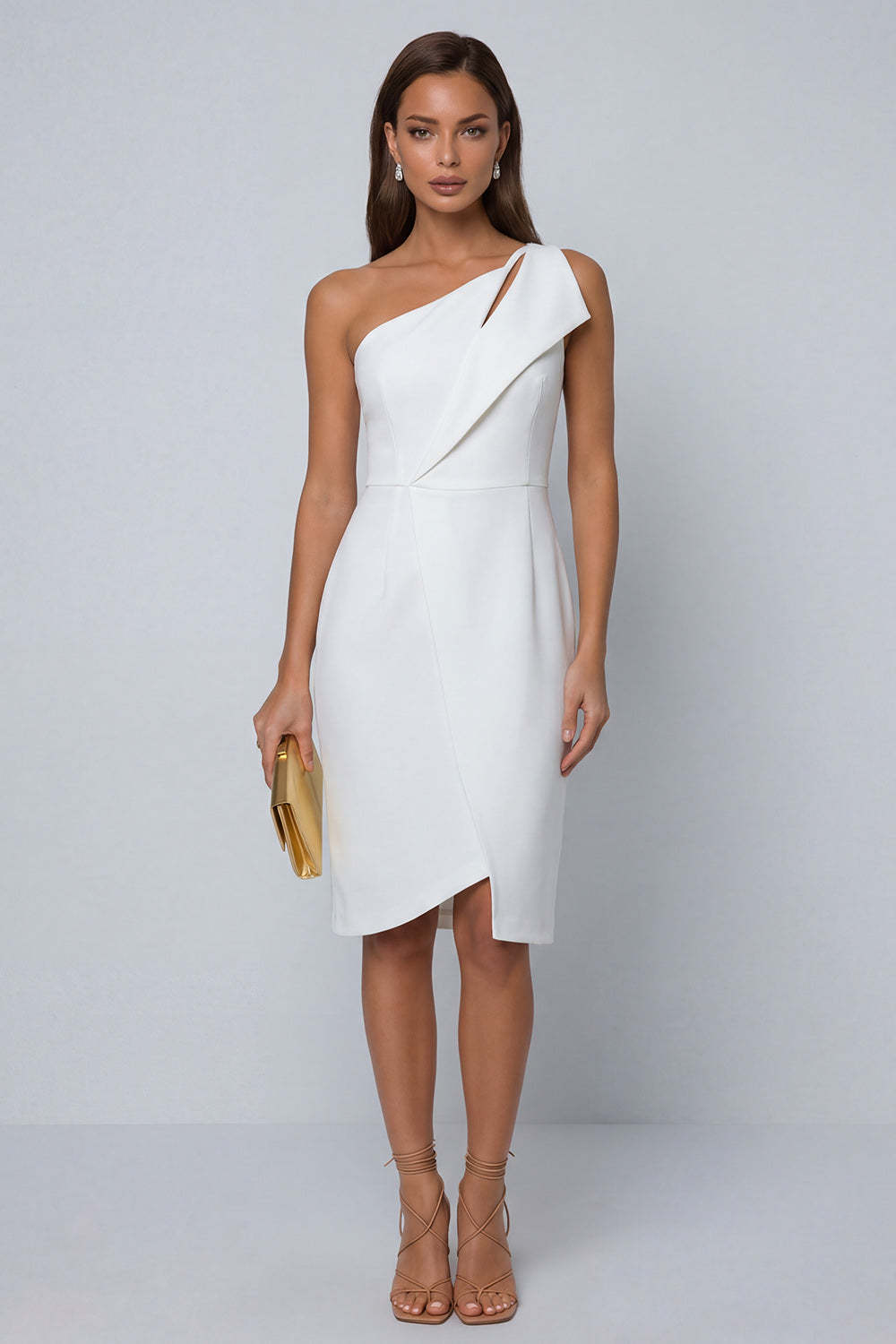 Black Sheath One Shoulder Sleeveless Midi Work Dress with Slit