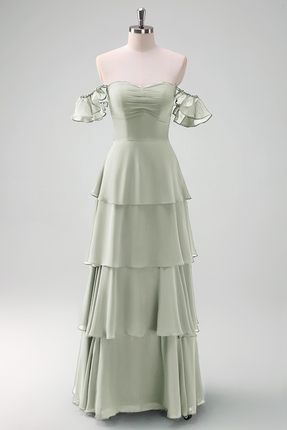 Eucalyptus Off the Shoulder Tiered Chiffon Bridesmaid Dress