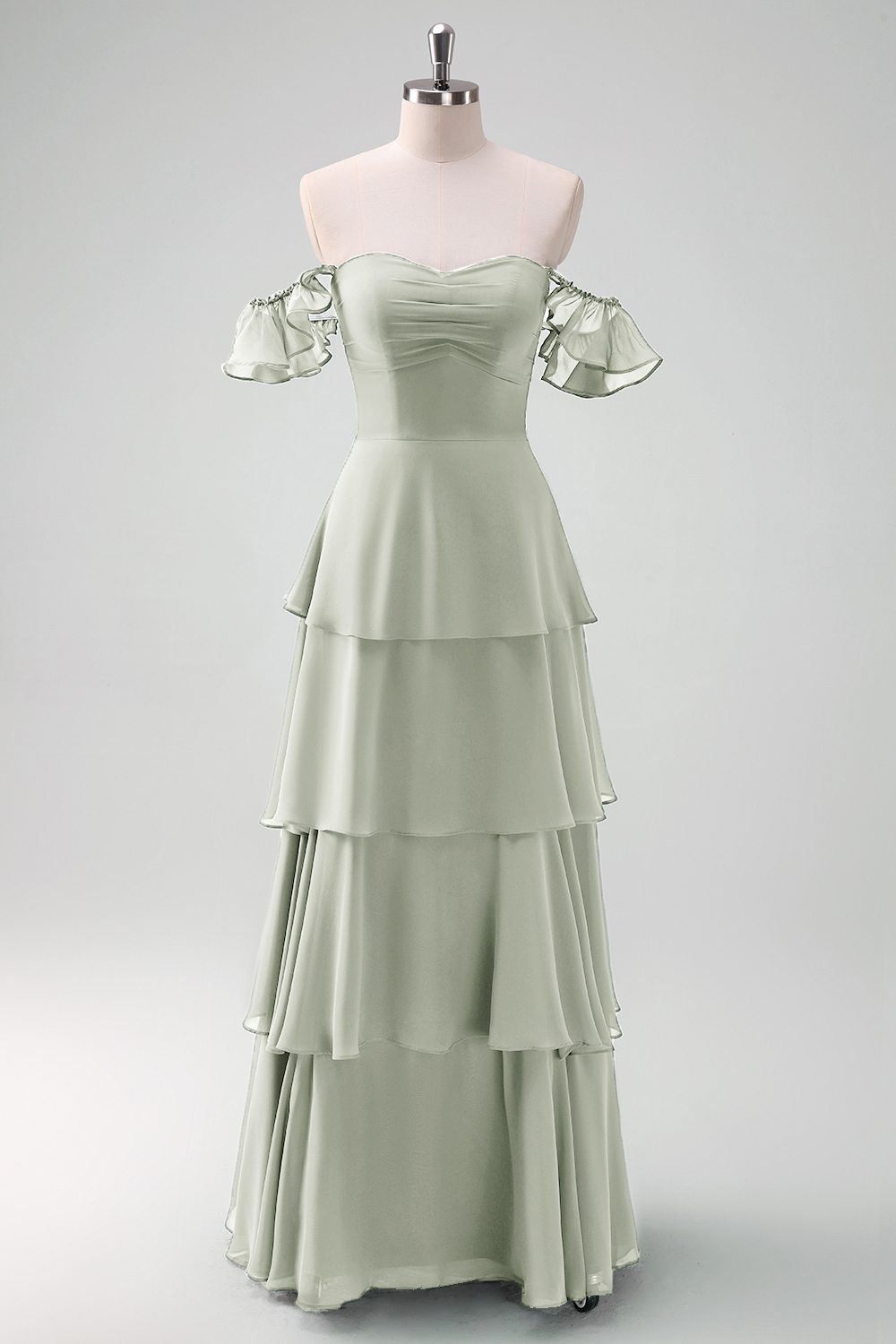 Eucalyptus Off the Shoulder Tiered Chiffon Bridesmaid Dress