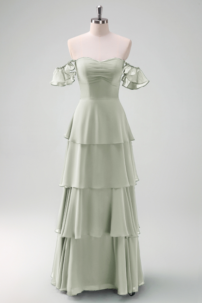 Eucalyptus Off the Shoulder Tiered Chiffon Bridesmaid Dress
