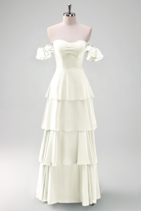 Eucalyptus Off the Shoulder Tiered Chiffon Bridesmaid Dress