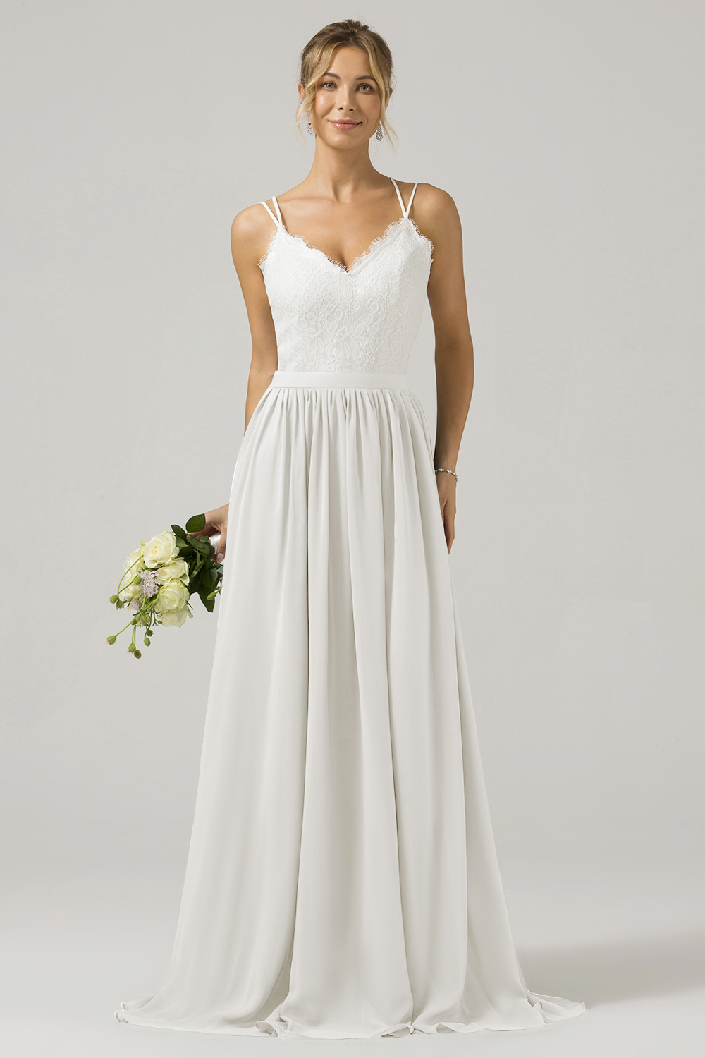 Eucalyptus A-Line Spaghetti Straps Pleated Long Bridesmaid Dress With Lace
