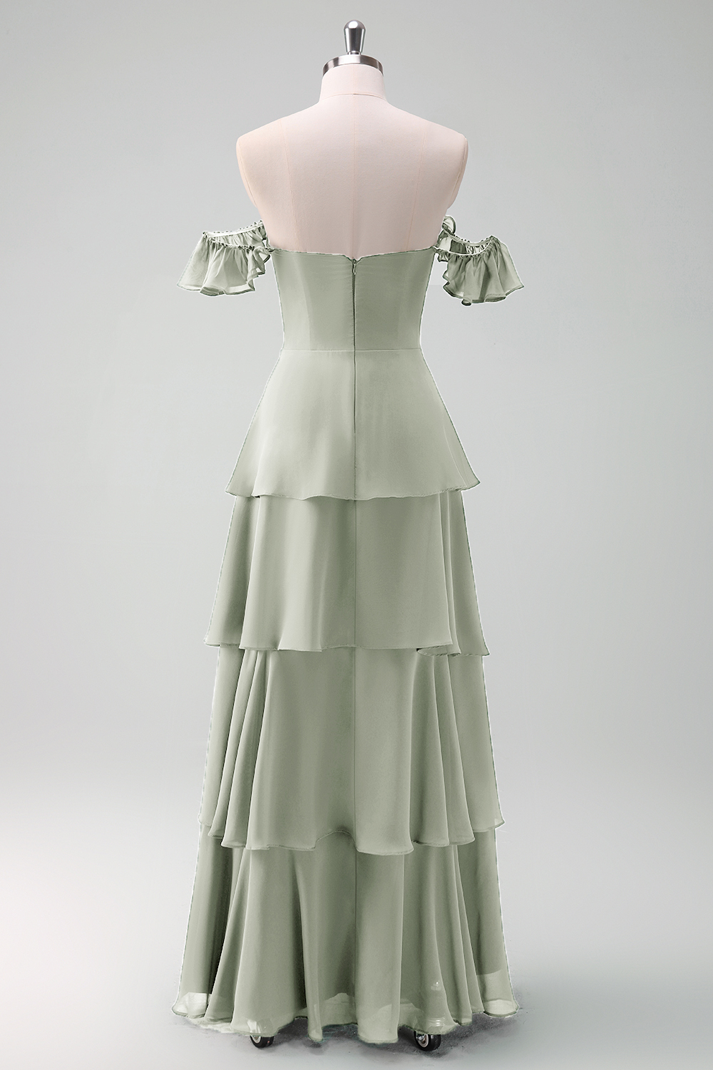 Eucalyptus Off the Shoulder Tiered Chiffon Bridesmaid Dress