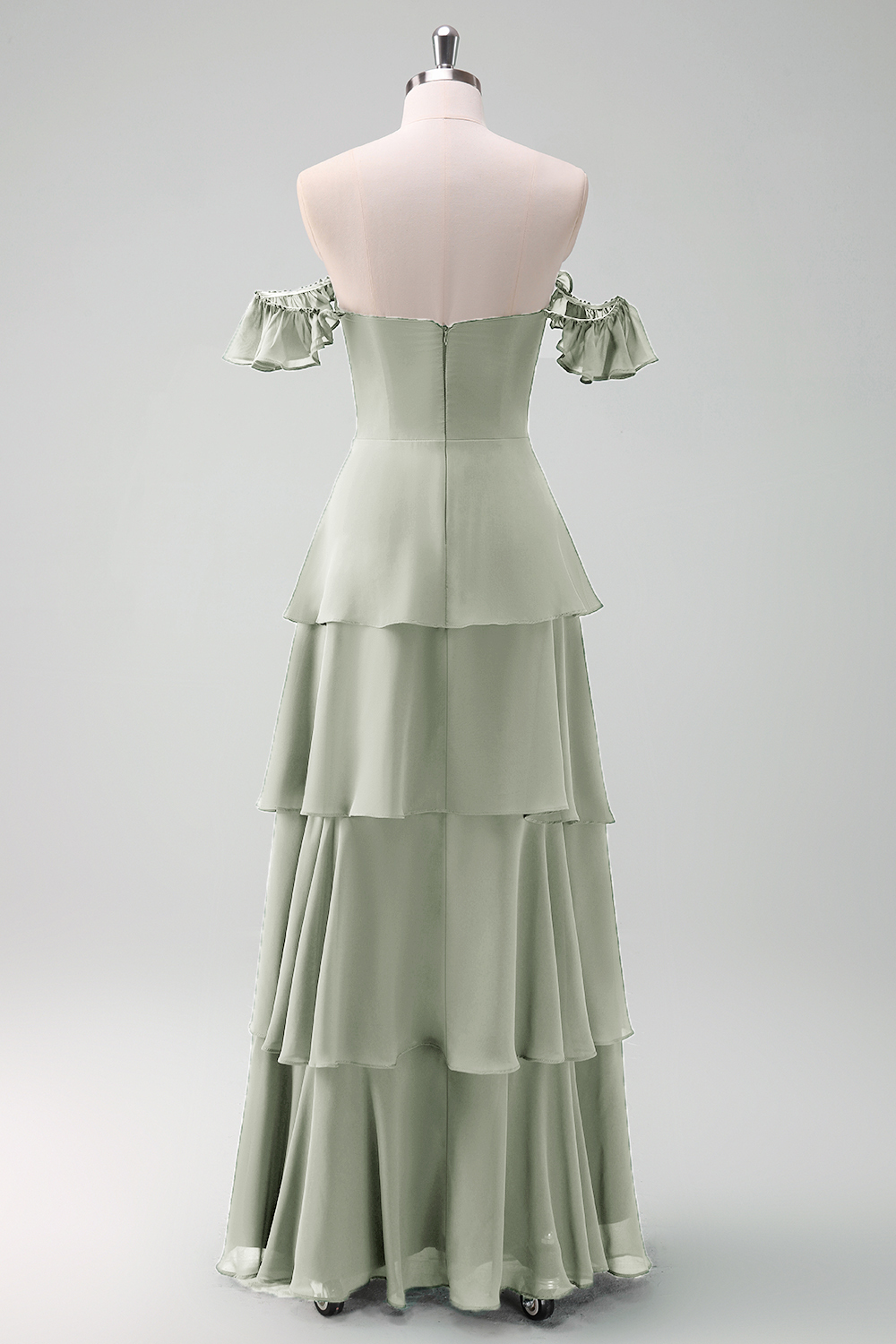 Eucalyptus Off the Shoulder Tiered Chiffon Bridesmaid Dress