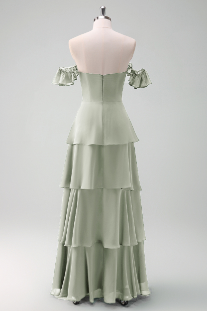 Eucalyptus Off the Shoulder Tiered Chiffon Bridesmaid Dress