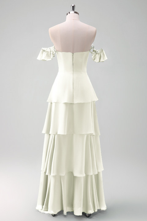 Eucalyptus Off the Shoulder Tiered Chiffon Bridesmaid Dress