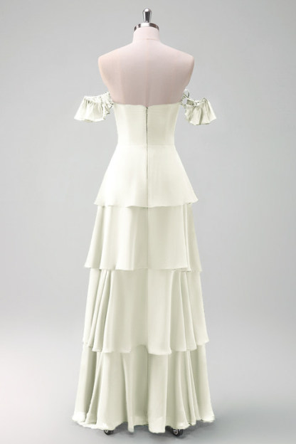 Eucalyptus Off the Shoulder Tiered Chiffon Bridesmaid Dress