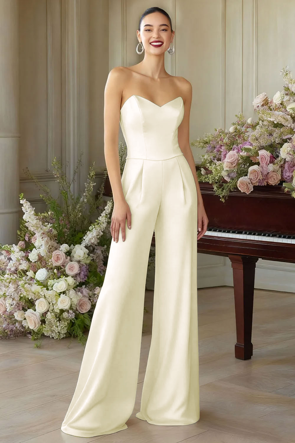 White Sweetheart Wide Leg Formal Jumpsuits