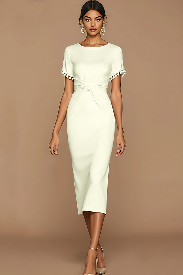 White Bodycon Jewel Neck Midi Wedding Reception Dress with Sleeves