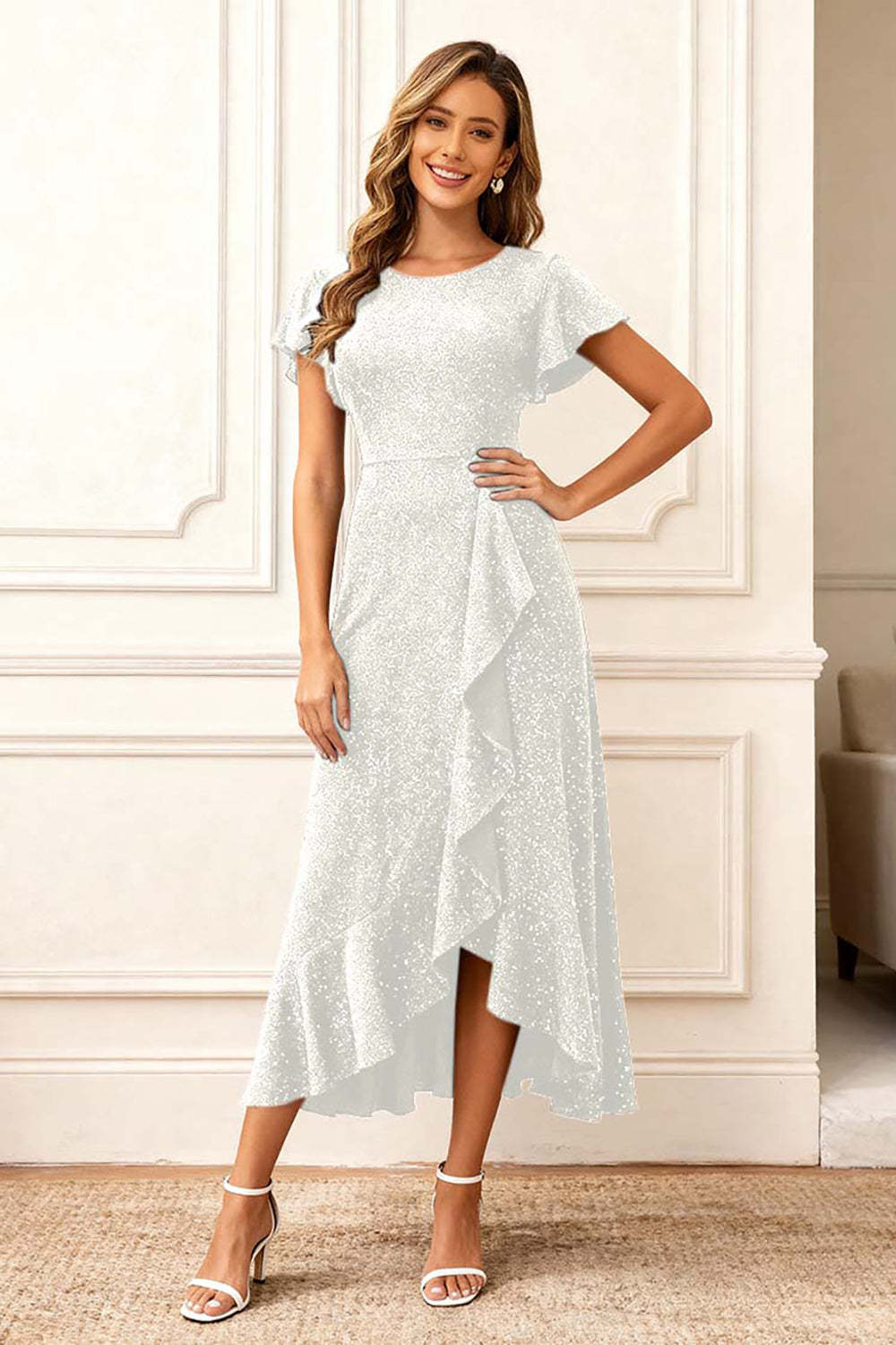 Glitter Black Round Neck Midi Holiday Party Dress with Sleeves