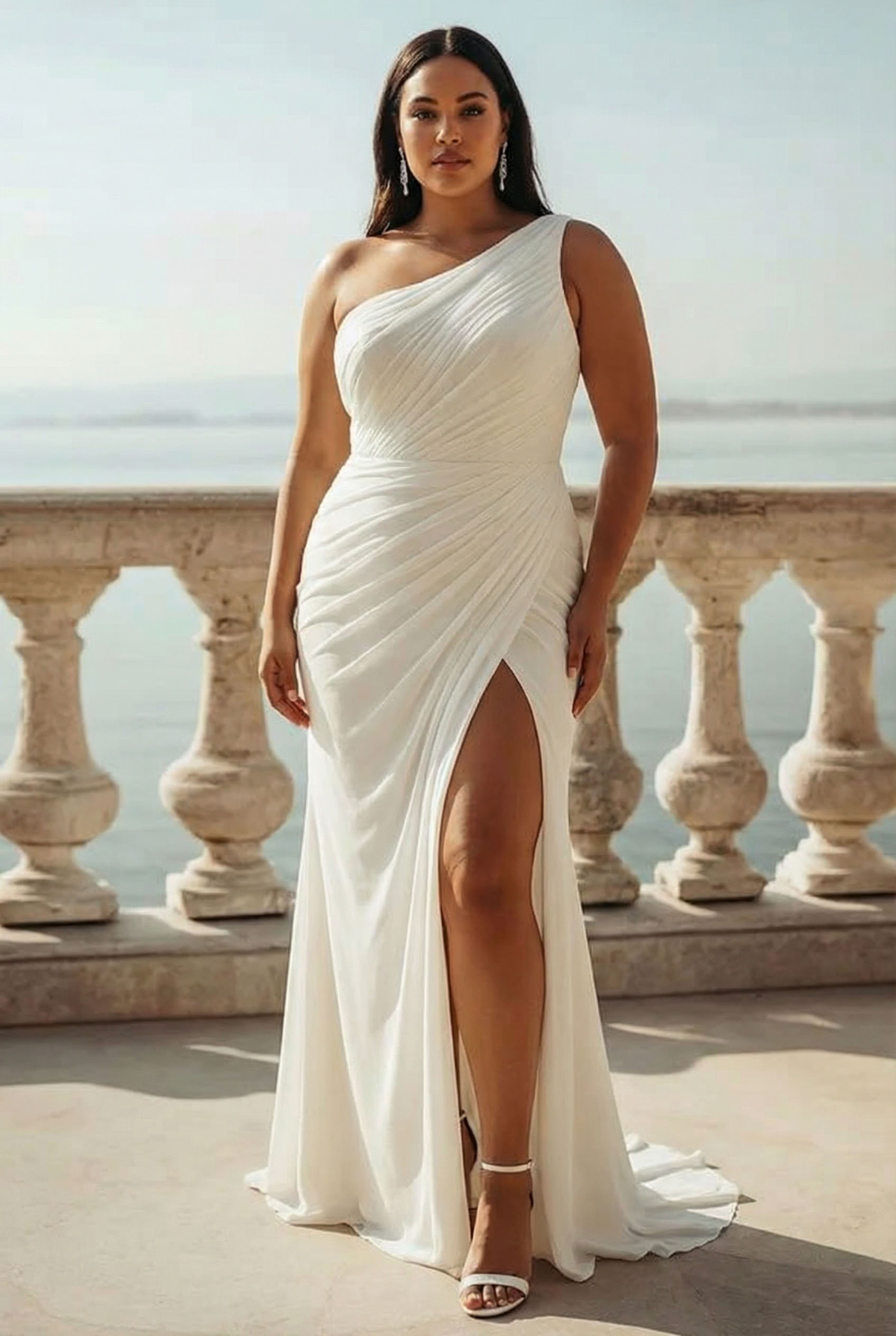 Ivory Chiffon One Shoulder Ruched Beach Maxi Engagement Dress with Slit