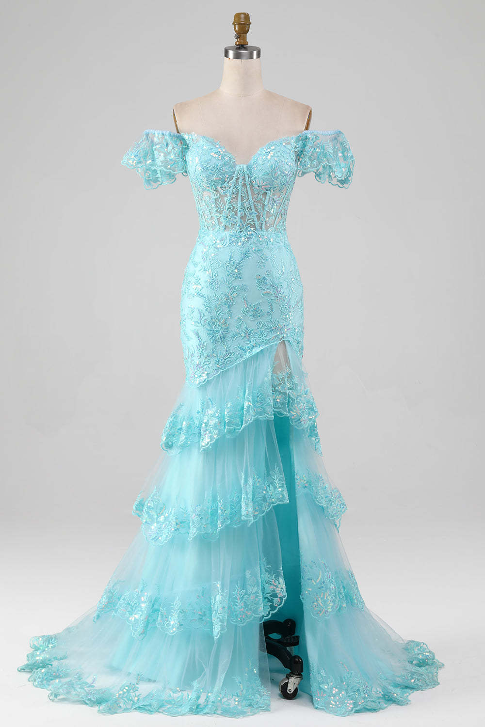 Leely Women Sky Blue Off the Shoulder Lace and Sequin Mermaid Prom Dress with Slit