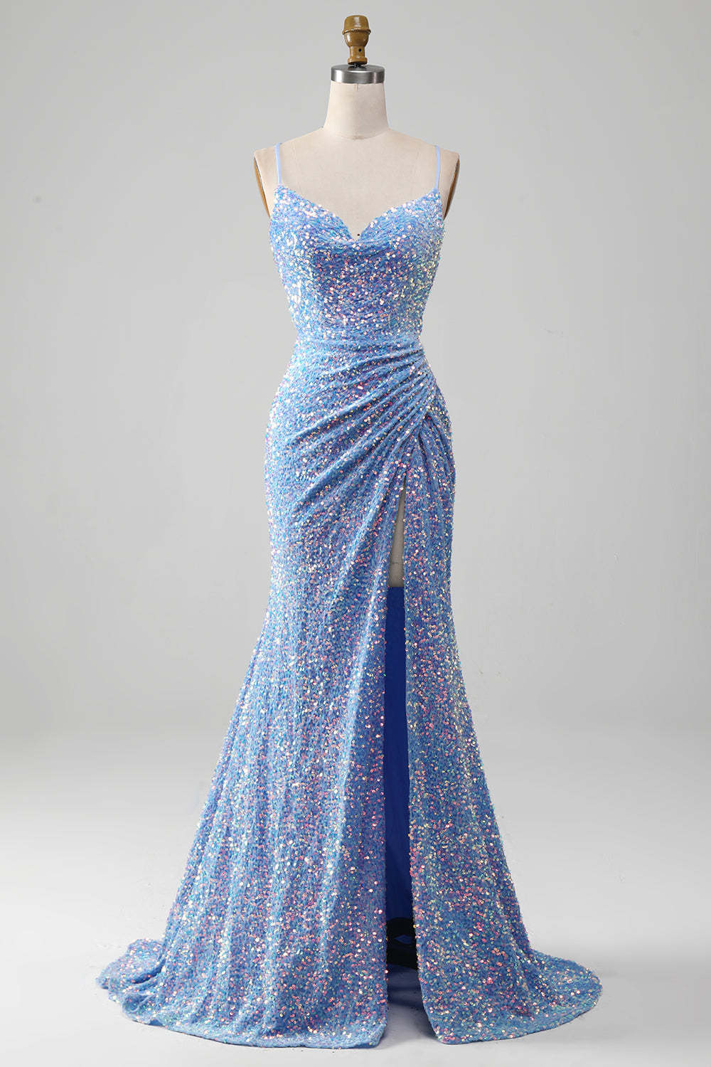 Leely Women Sparkly Sequins Light Blue Prom Dress with Slit Mermaid Spaghetti Straps Party Dress