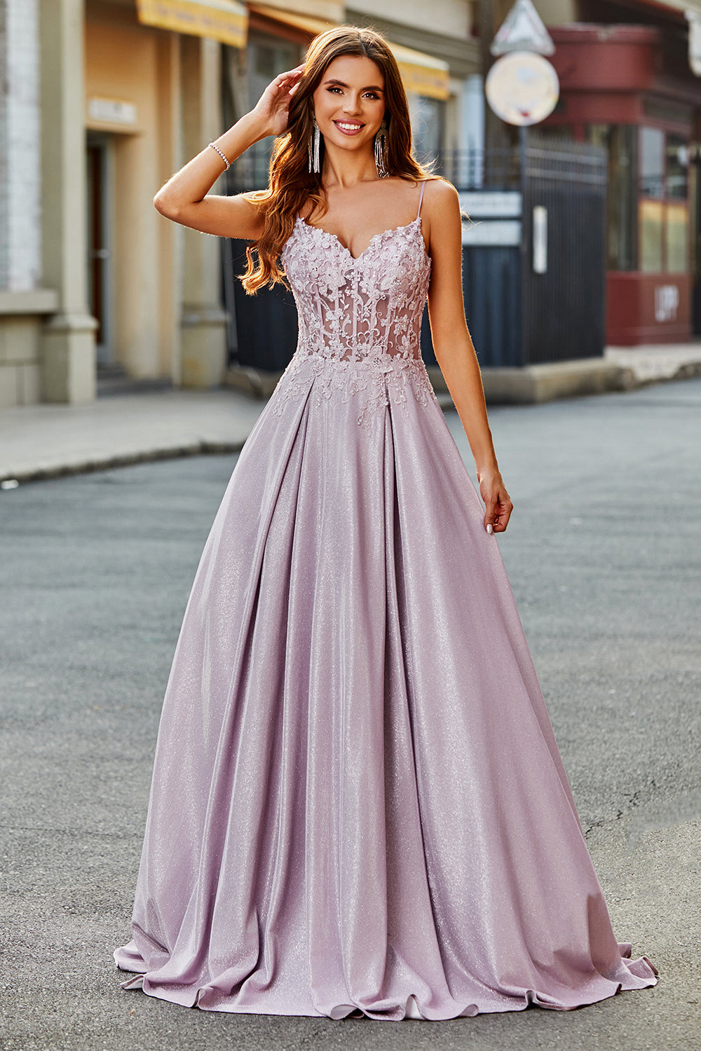 Leely Women Sparkly Blush Long Corset Prom Dress With Beading A Line Spaghetti Straps Formal Dress