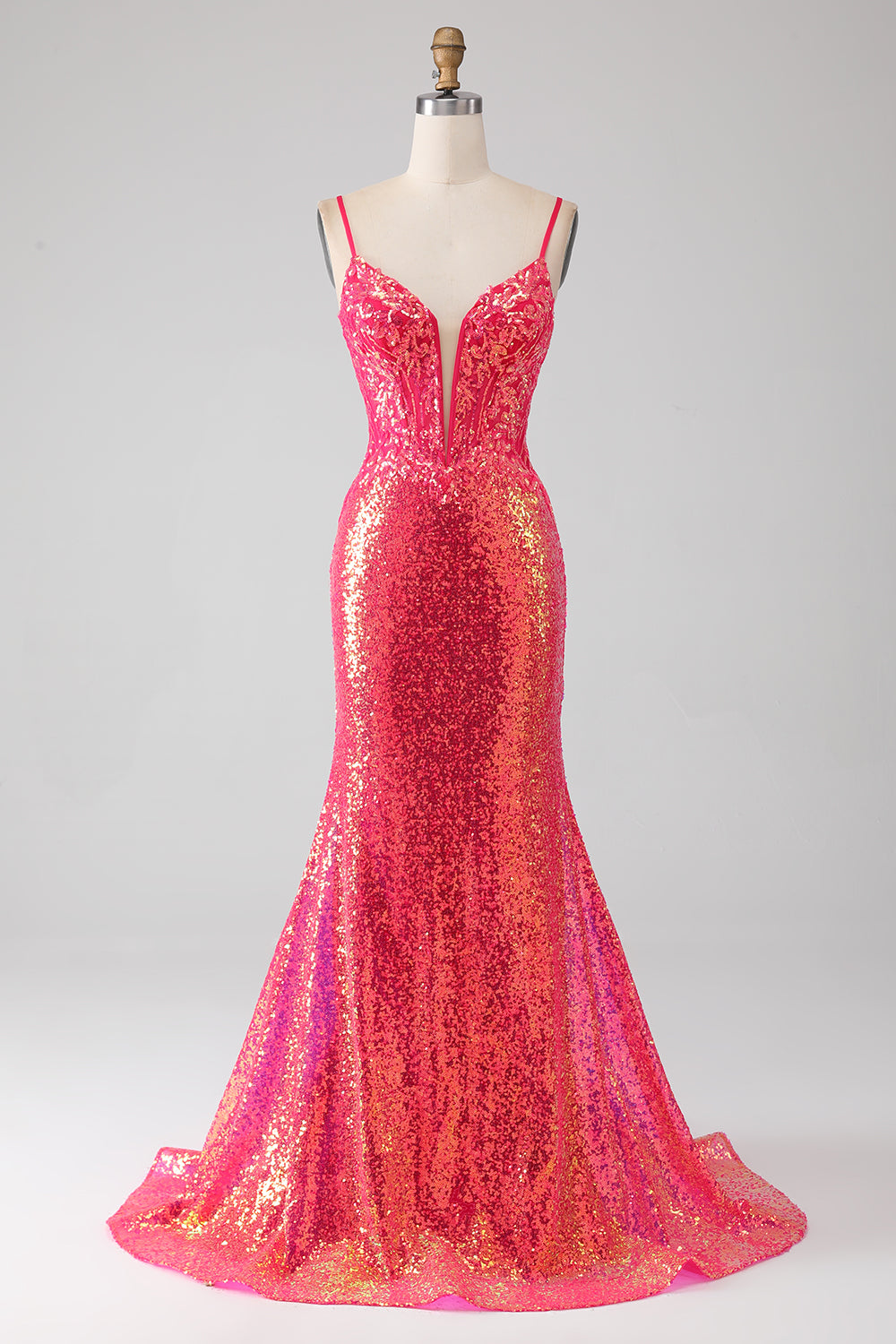 Leely Women Sparkly Fuchsia Prom Dress with Sequins Mermaid Spaghetti Straps Evening Dress