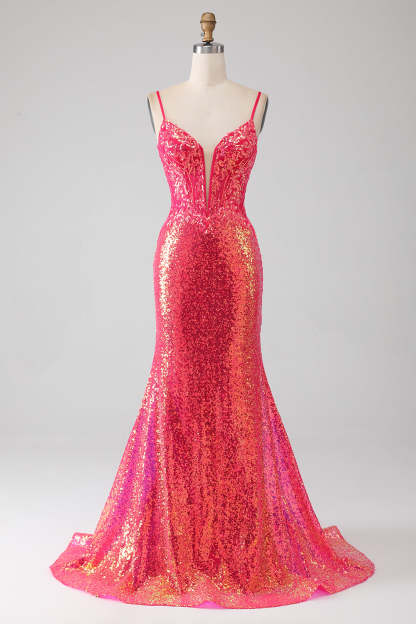 Leely Women Sparkly Fuchsia Prom Dress with Sequins Mermaid Spaghetti Straps Evening Dress
