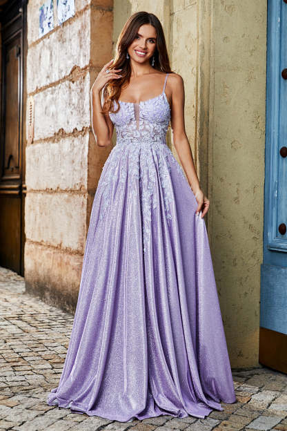Glitter Lilac A Line Spaghetti Straps Long Prom Dress With Beading