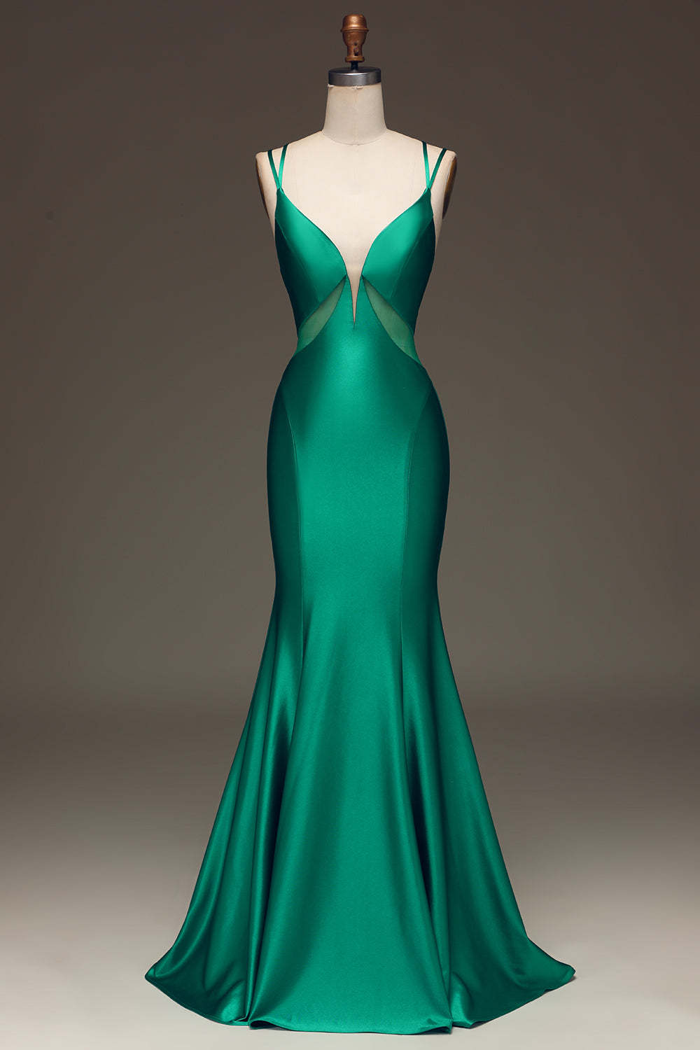 Leely Women Formal Dress Green Deep V-neck Satin Mermaid Prom Dress with Lace-up Back