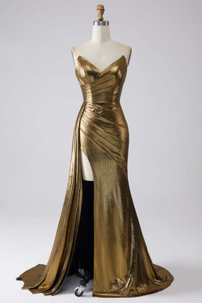 Metallic Sheath Golden Side Cape Prom Dress with Slit