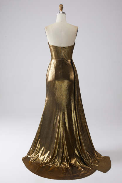 Metallic Sheath Golden Side Cape Prom Dress with Slit