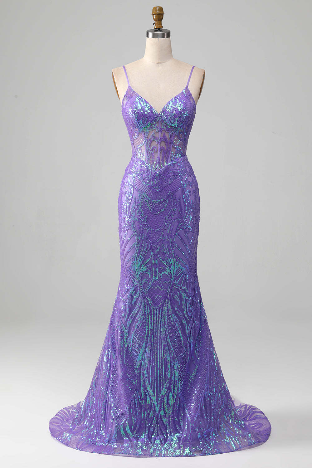 Leely Women Sparkly Purple Corset Prom Dress Mermaid Sequins Spaghetti Straps Party Dress