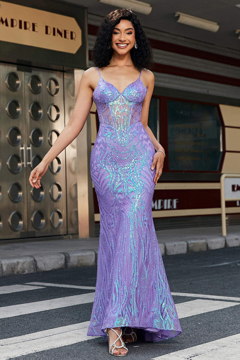 Purple Sequins Mermaid Spaghetti Straps Long Corset Prom Dress