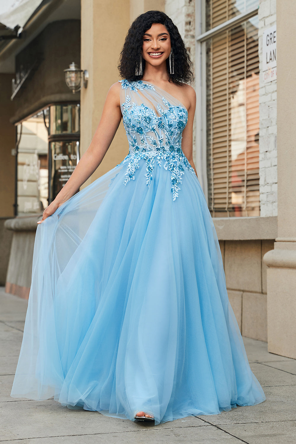 Leely Women Light Blue Long Corset Prom Dress With Appliques A Line One  Shoulder Formal Dress