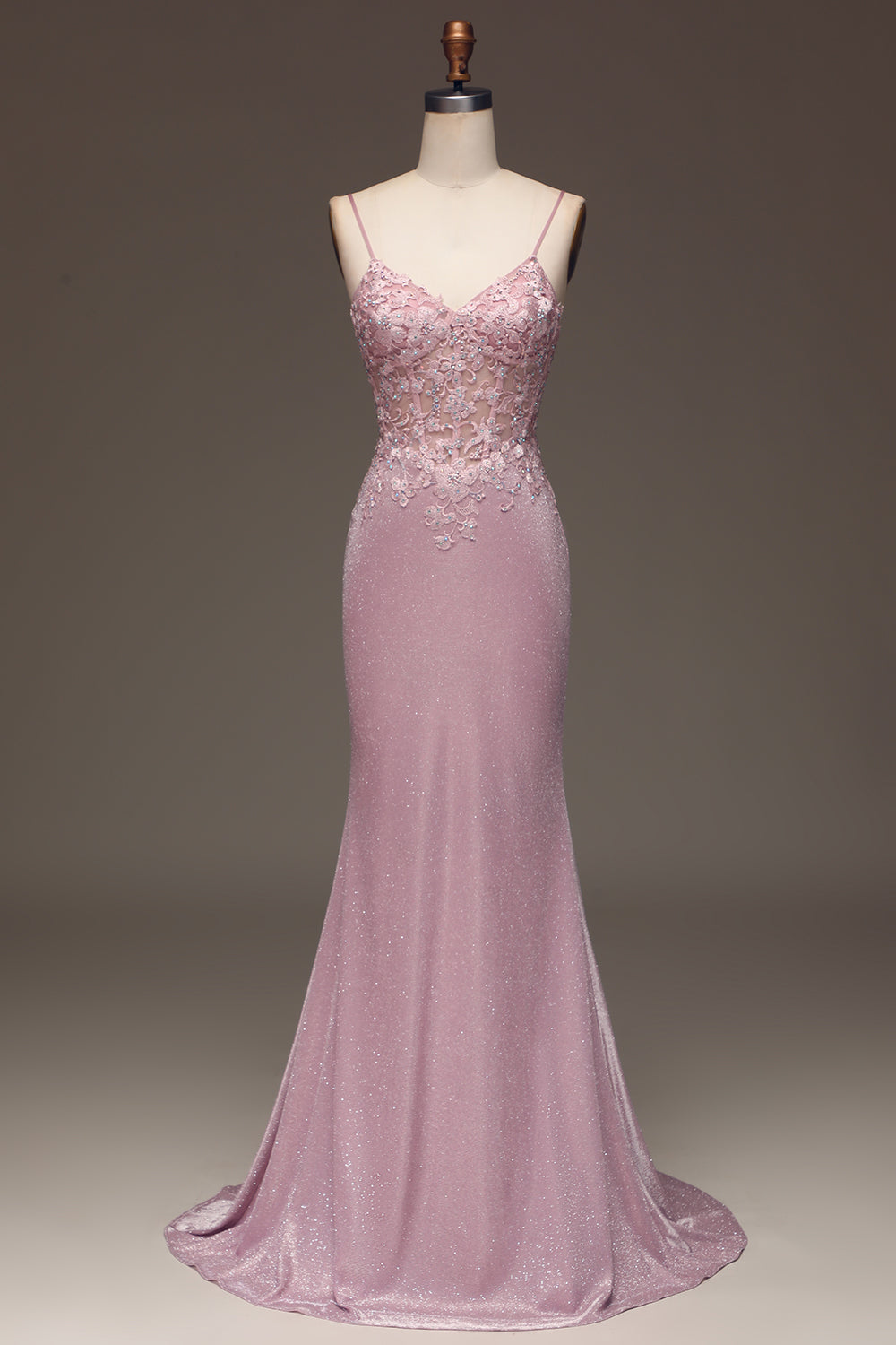 Leely Women Glitter Blush Prom Dress Mermaid Spaghetti Straps Long Party Dress with Beading