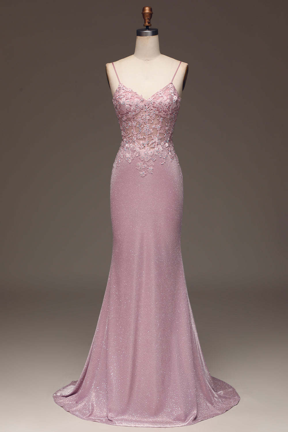 Leely Women Glitter Blush Prom Dress Mermaid Spaghetti Straps Long Party Dress with Beading