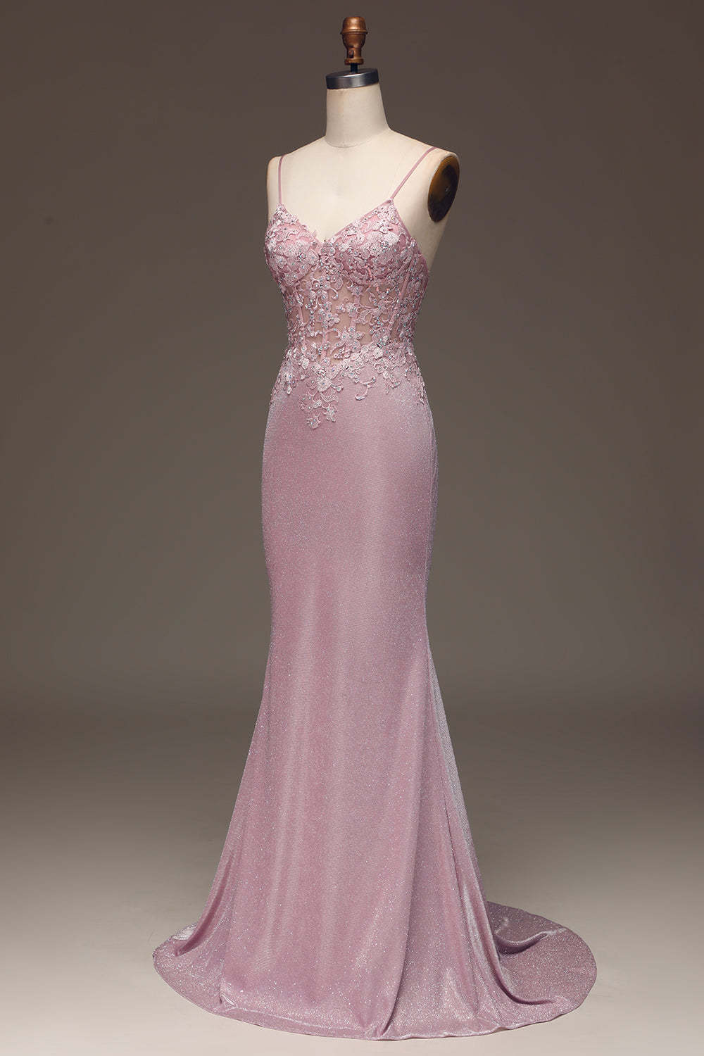Glitter Blush Mermaid Spaghetti Straps Long Prom Dress with Beading