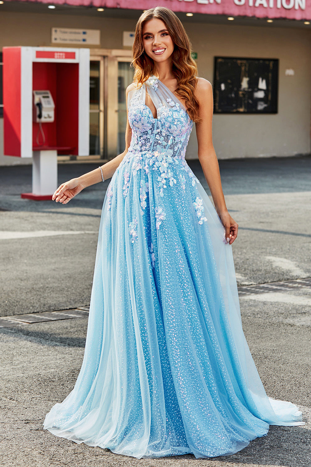Leely Women Light Blue Prom Dress A Line One Shoulder Long Tulle Evening Dress With Appliques