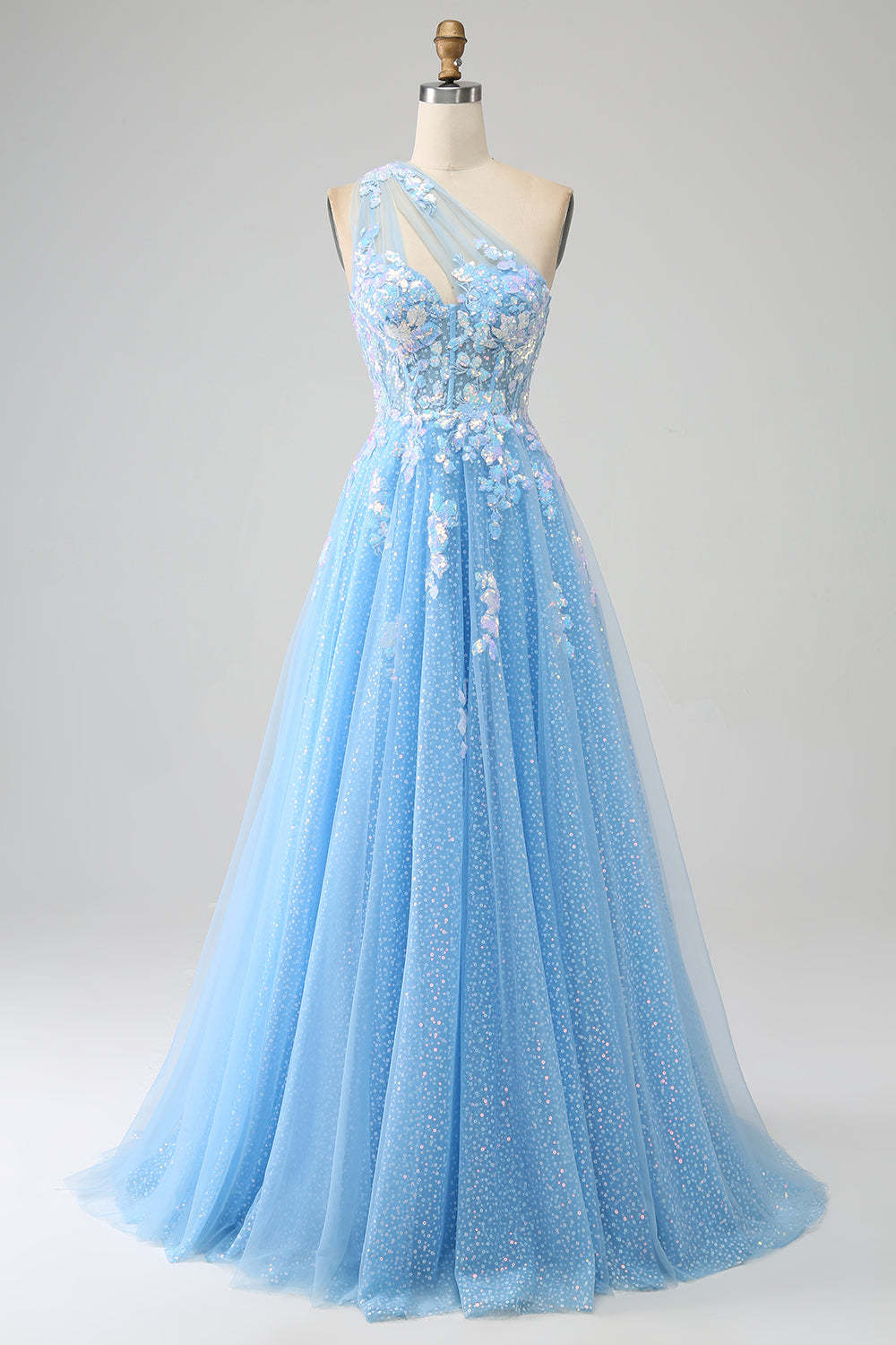 Leely Women Light Blue Prom Dress A Line One Shoulder Long Tulle Evening Dress With Appliques
