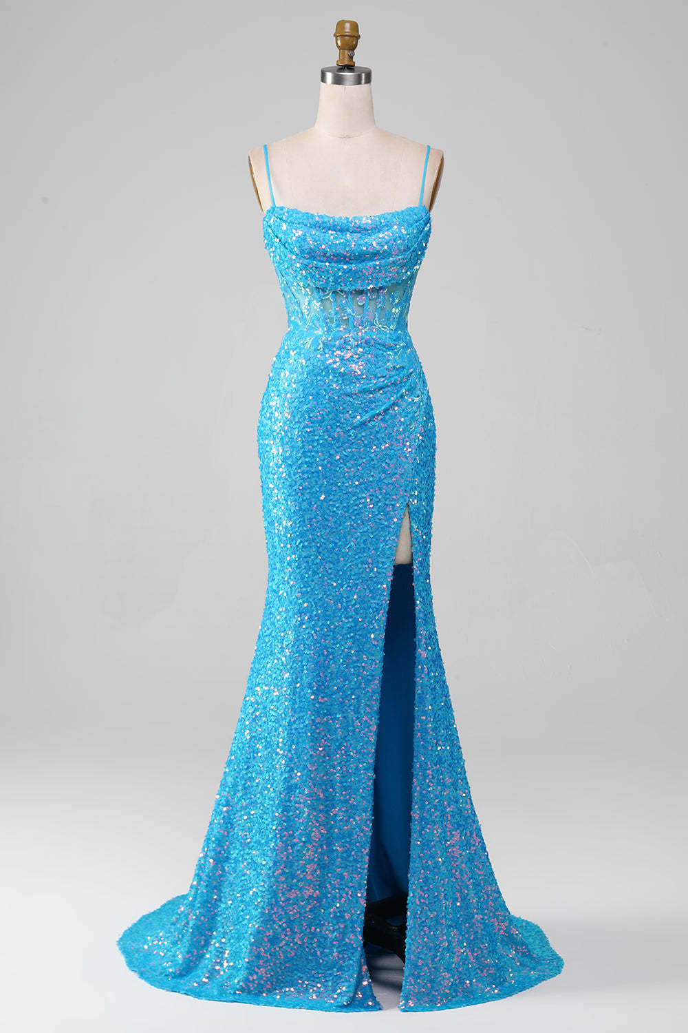 Leely Women Spaghetti Straps Blue Sparkly Corset Prom Dress with Slit