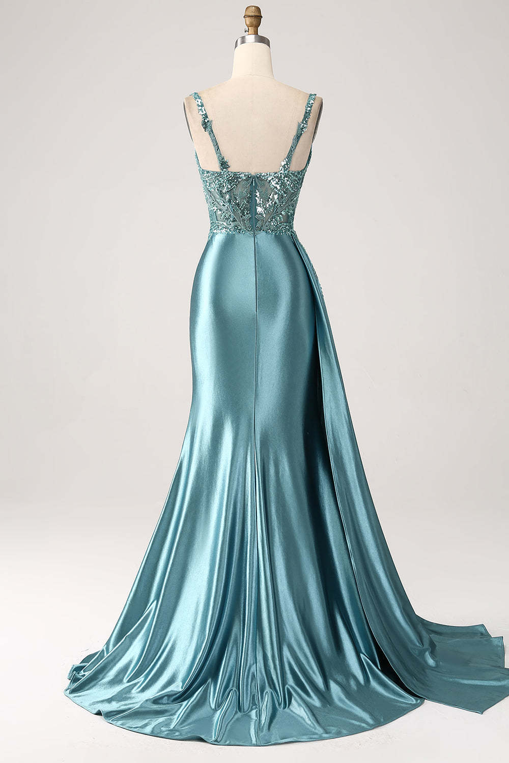 Dark Green Mermaid Corset Sequins Satin Prom Dress with Side Cape
