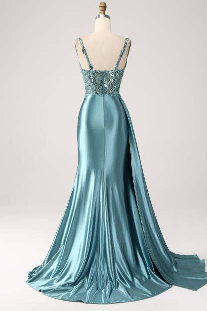 Dark Green Mermaid Corset Sequins Satin Prom Dress with Side Cape