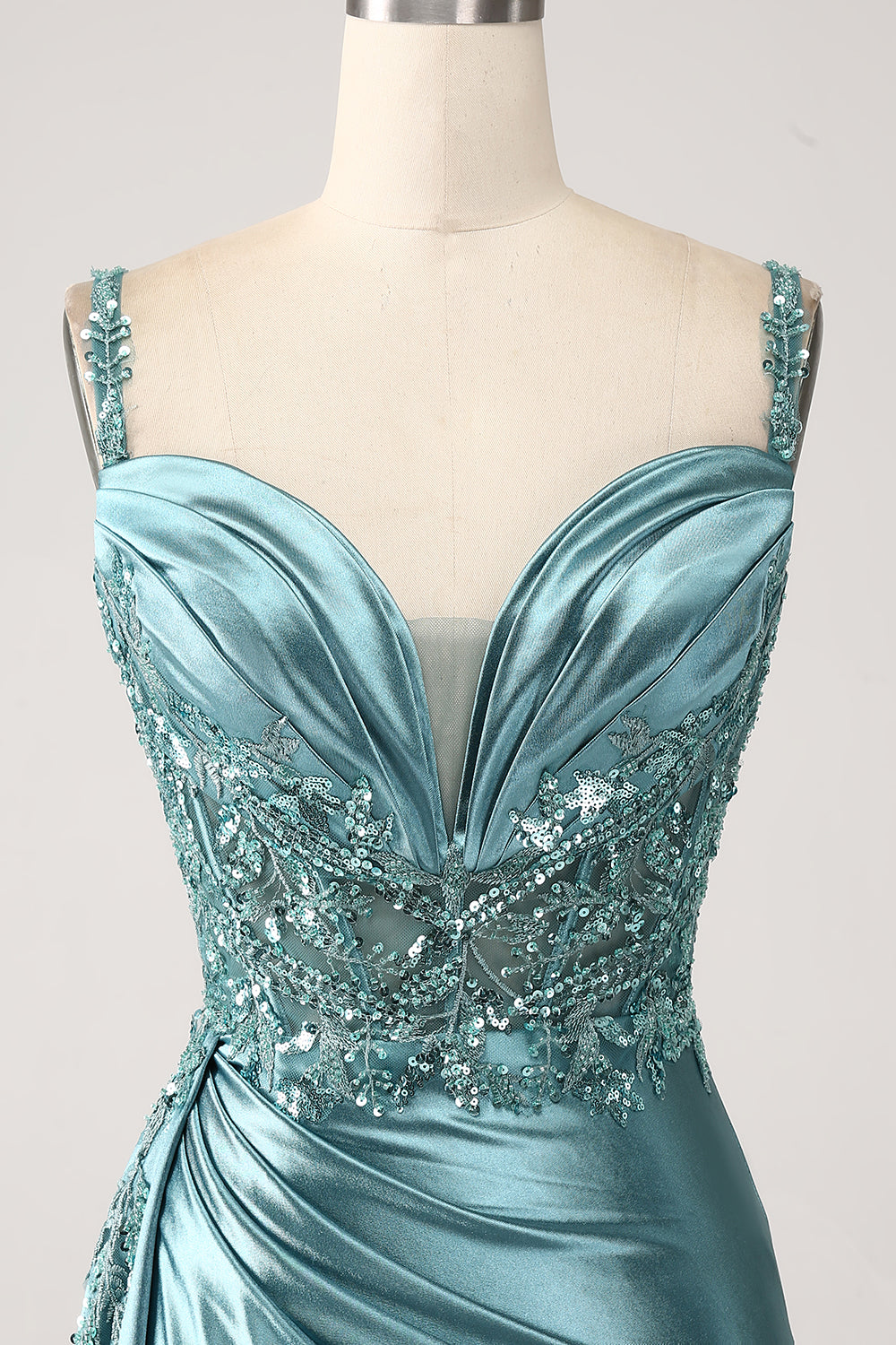 Dark Green Mermaid Corset Sequins Satin Prom Dress with Side Cape