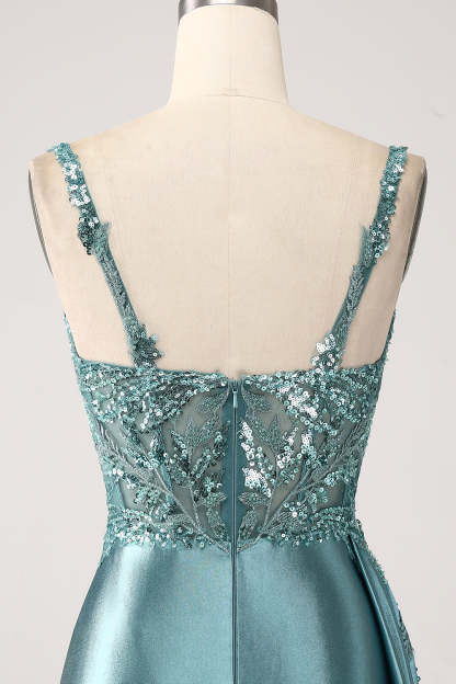 Dark Green Mermaid Corset Sequins Satin Prom Dress with Side Cape