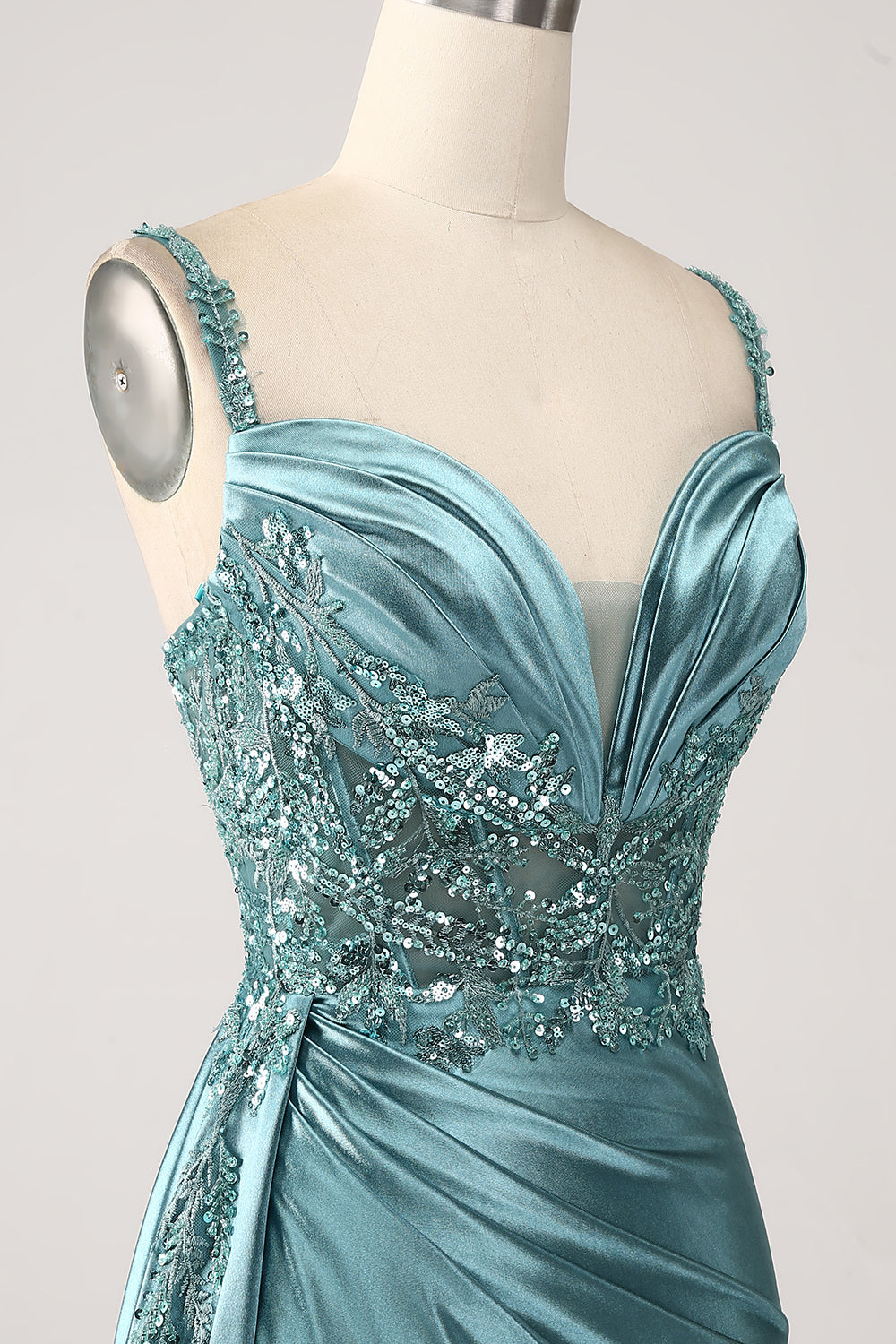 Dark Green Mermaid Corset Sequins Satin Prom Dress with Side Cape