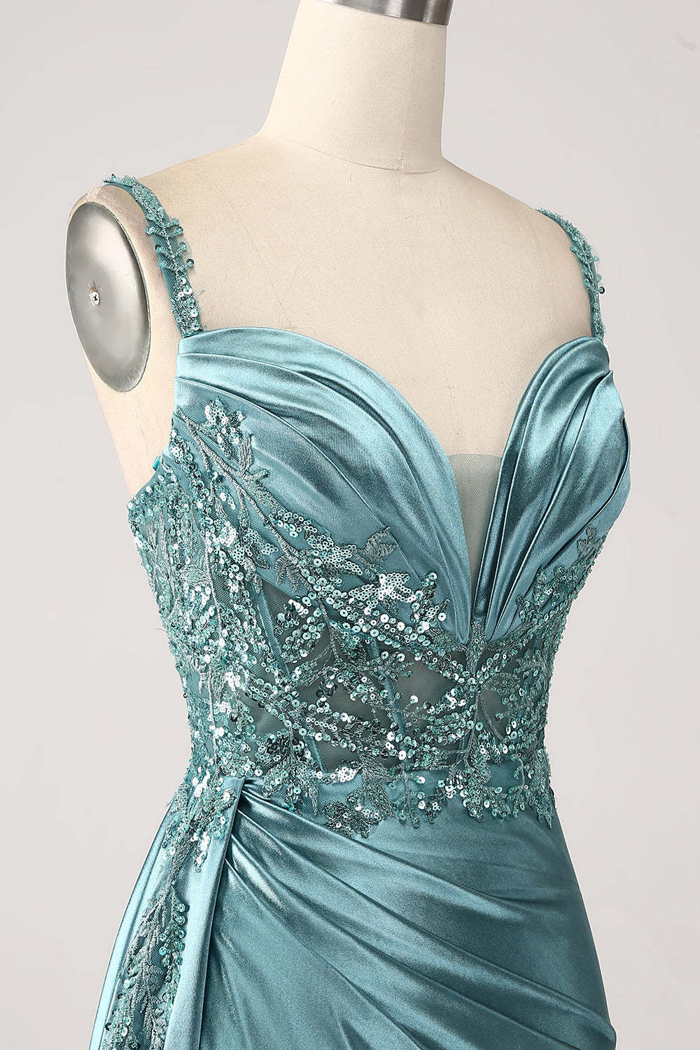 Dark Green Mermaid Corset Sequins Satin Prom Dress with Side Cape