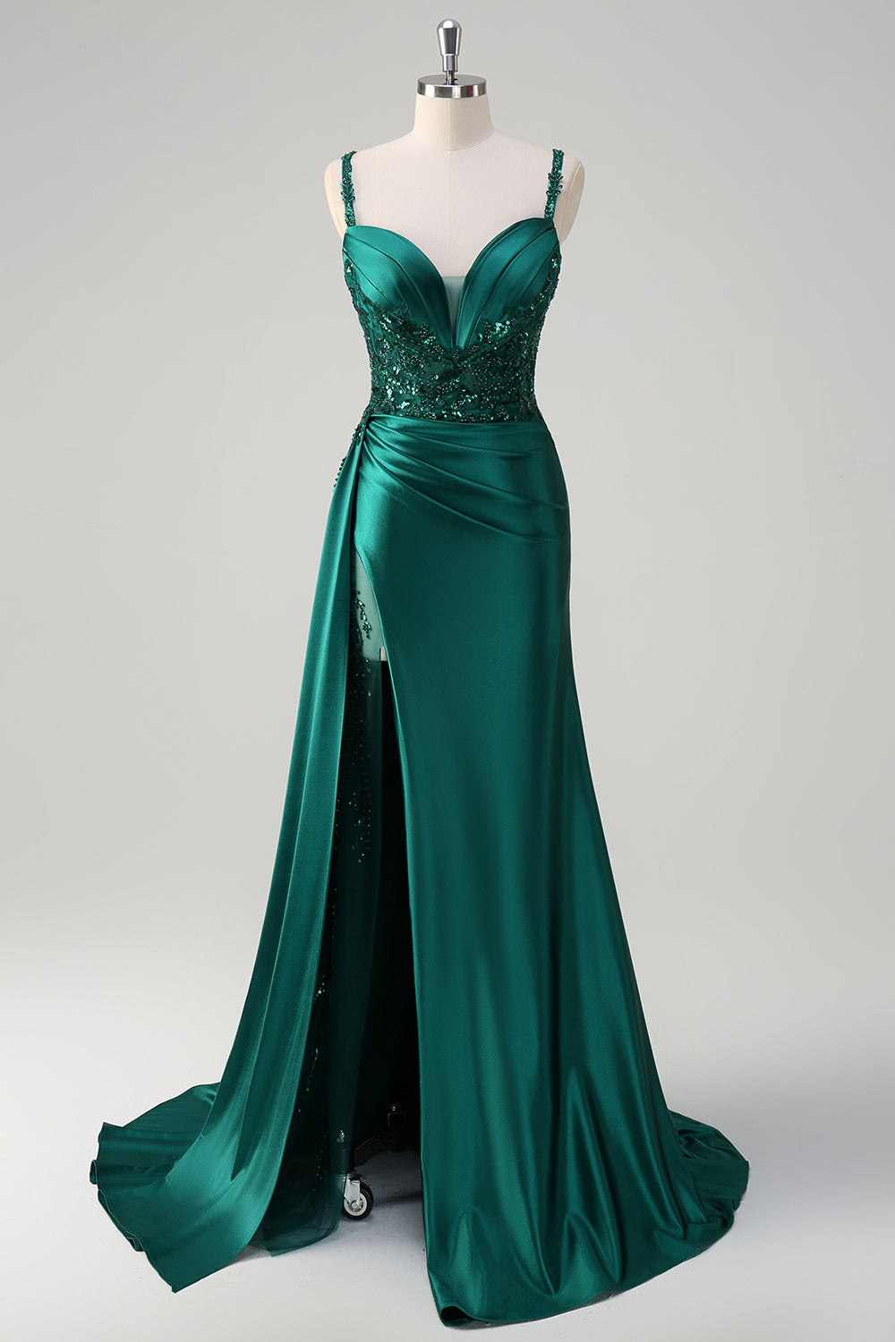 Dark Green Mermaid Corset Sequins Satin Prom Dress with Side Cape