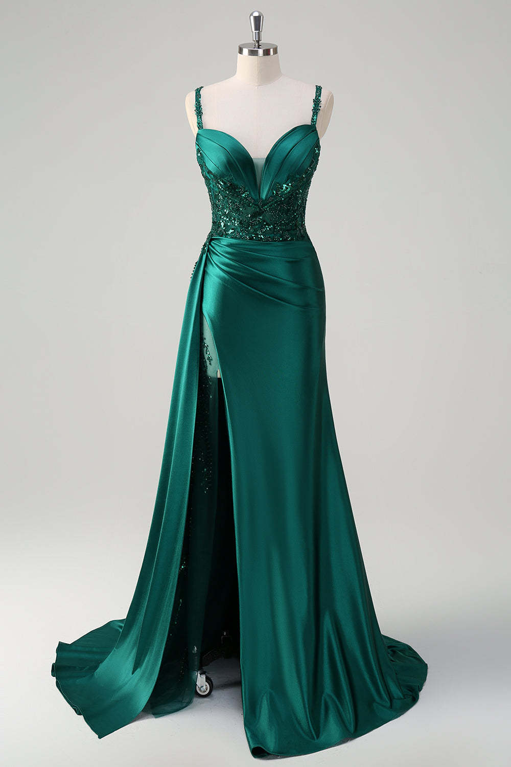 Dark Green Mermaid Corset Sequins Satin Prom Dress with Side Cape