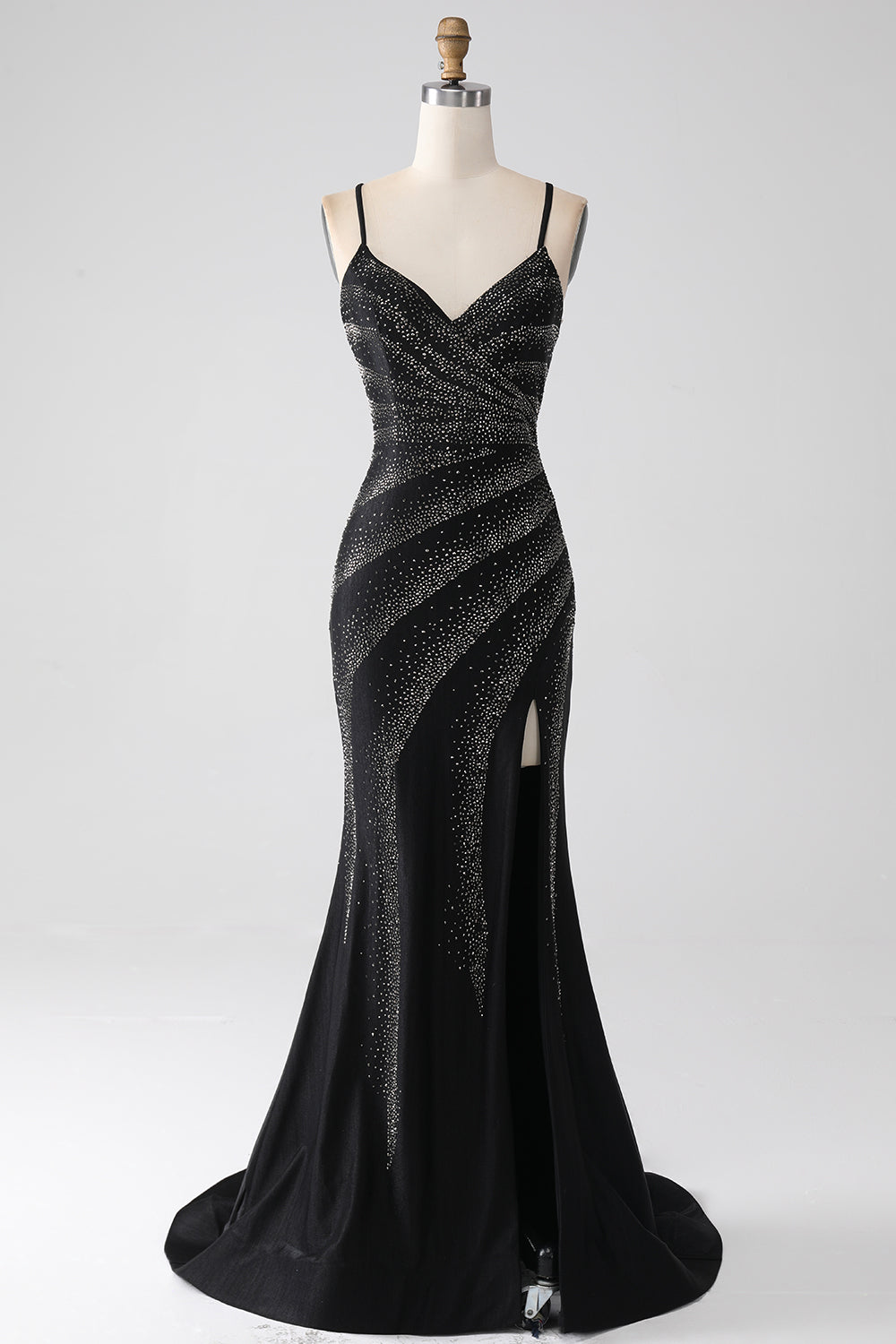 Leely Women Beaded Black Prom Dress with Slit Mermaid Spaghetti Straps Evening Dress