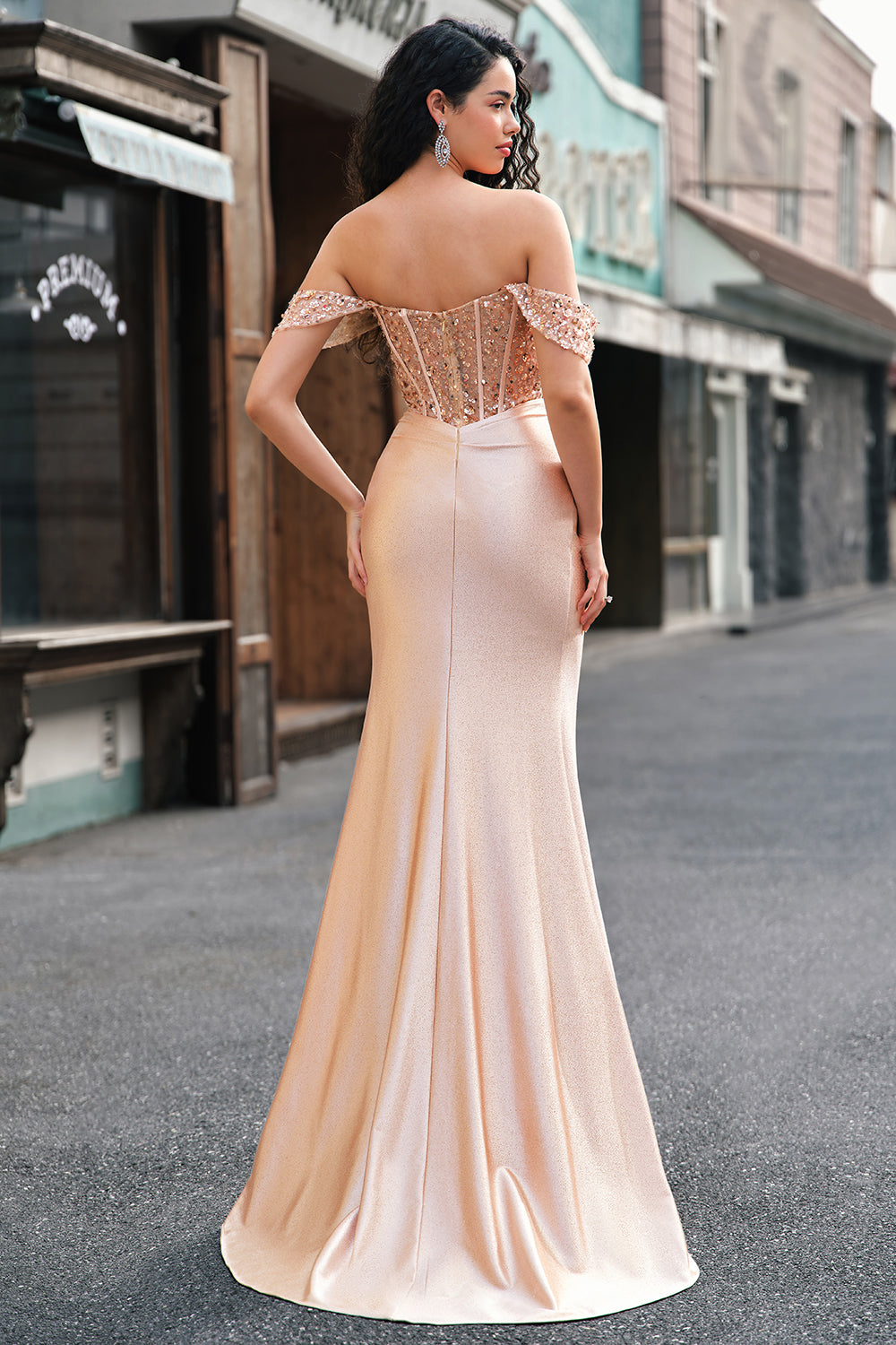 Off the Shoulder Mermaid Corset Champagne Sequined Prom Dress