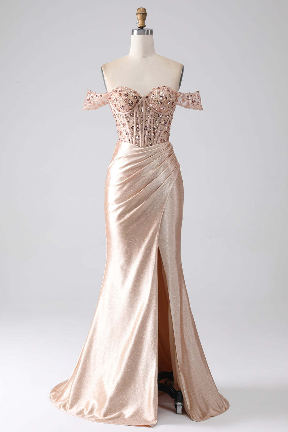 Off the Shoulder Mermaid Corset Champagne Sequined Prom Dress