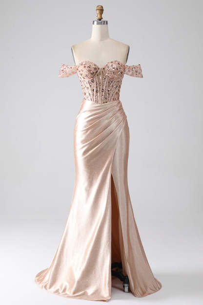 Off the Shoulder Mermaid Corset Champagne Sequined Prom Dress