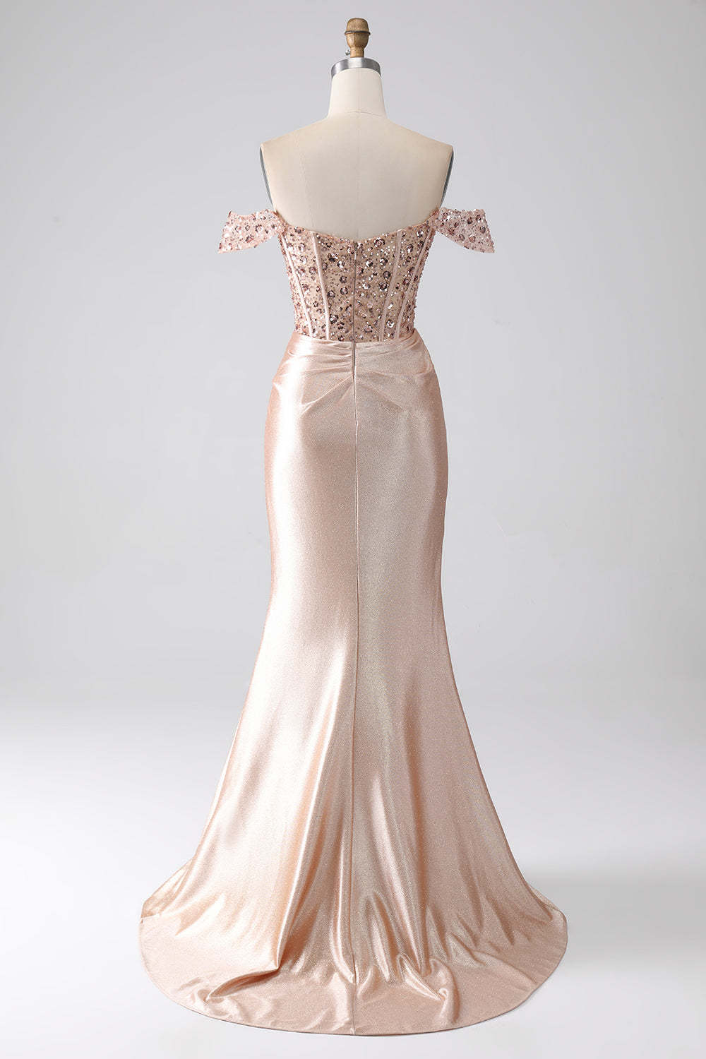 Off the Shoulder Mermaid Corset Champagne Sequined Prom Dress